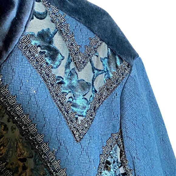 Vintage 1970s Newport News Boho Deep Teal Blue Velvet & Floral Embroidered Coat - Picture 8 of 12